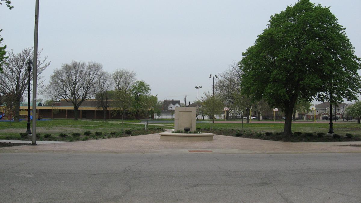 Existing park plaza with memorial fountain